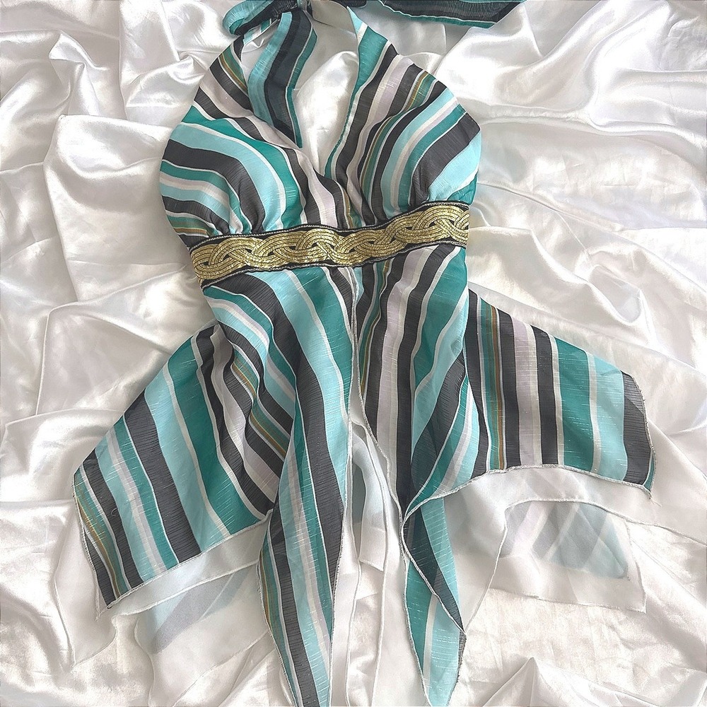 Cache Teal Striped Halter Top Gold Trim Handkerchief Hem Y2K Size 6